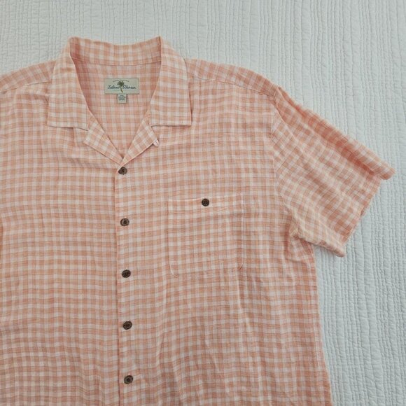 Island Shores Linen Blend Short Sleeve Button Shirt Men's XXL Orange White EUC - Picture 4 of 14